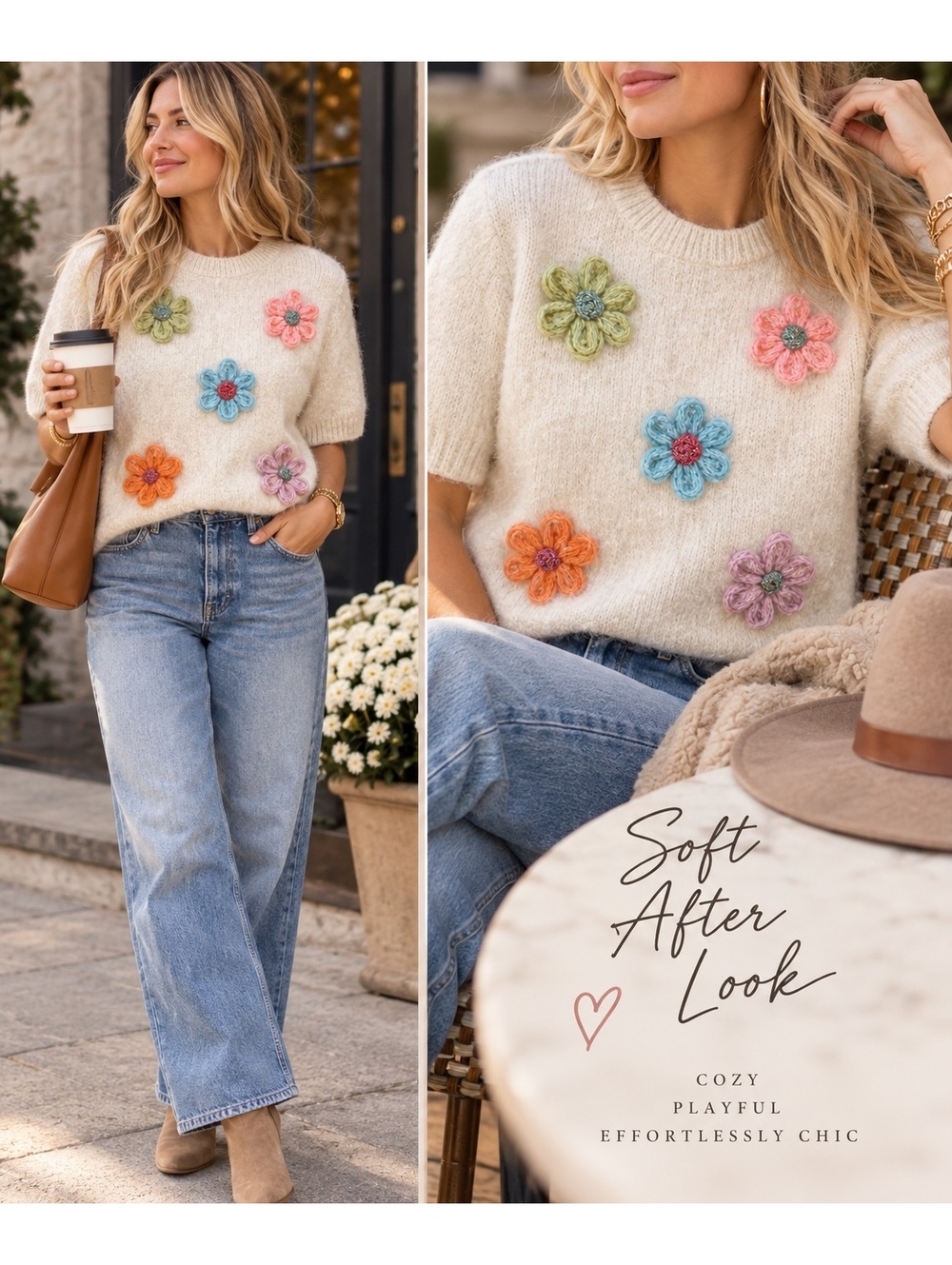 Ciao Milano Cream 3D Crochet Flower Knit Sweater Size M NWT